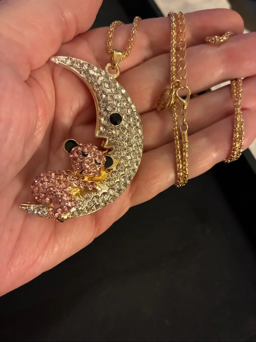 Moon & Pink Crystal Bear Gold-Tone Pendant Necklace